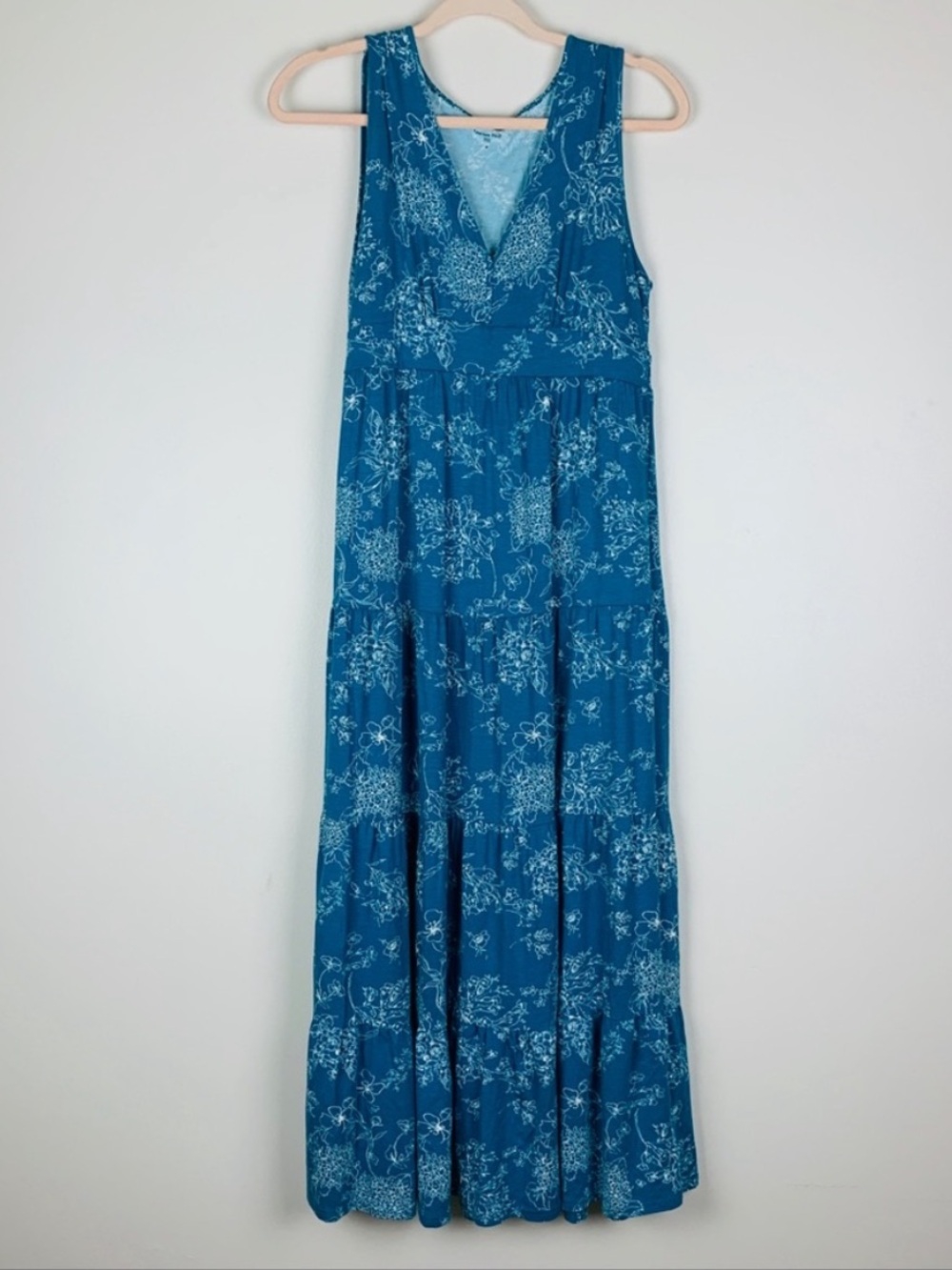 Garnet Hill Floral Print Teal Blue Sleeveless Jersey Tiered Maxi Dress